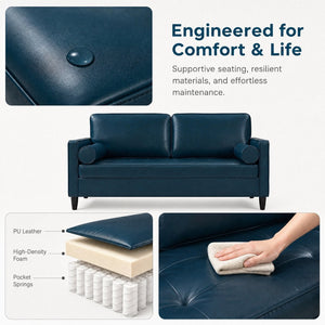 English Elm Classic Tufted Faux Leather Three-seat Sofa with Pocket Spring Cushions for Living Room Navy Blue W1097P491225