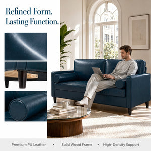 English Elm Classic Tufted Faux Leather Three-seat Sofa with Pocket Spring Cushions for Living Room Navy Blue W1097P491225