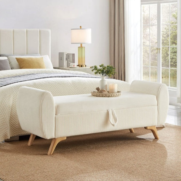 English Elm 57 Inch Corduroy Upholstered Storage Bench with Rubberwood Legs for Bedroom Entryway Beige W1097P510005