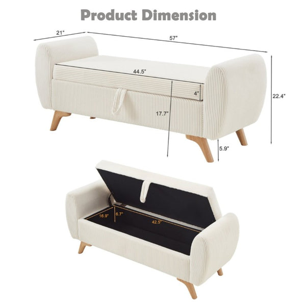 English Elm 57 Inch Corduroy Upholstered Storage Bench with Rubberwood Legs for Bedroom Entryway Beige W1097P510005