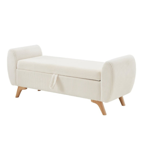 English Elm 57 Inch Corduroy Upholstered Storage Bench with Rubberwood Legs for Bedroom Entryway Beige W1097P510005