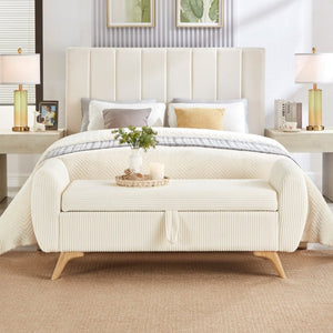 English Elm 57 Inch Corduroy Upholstered Storage Bench with Rubberwood Legs for Bedroom Entryway Beige W1097P510005