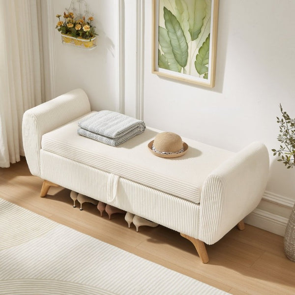 English Elm 57 Inch Corduroy Upholstered Storage Bench with Rubberwood Legs for Bedroom Entryway Beige W1097P510005