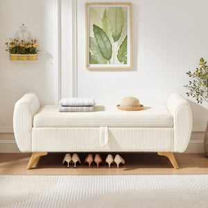 English Elm 57 Inch Corduroy Upholstered Storage Bench with Rubberwood Legs for Bedroom Entryway Beige W1097P510005