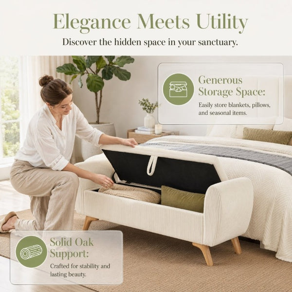 English Elm 57 Inch Corduroy Upholstered Storage Bench with Rubberwood Legs for Bedroom Entryway Beige W1097P510005