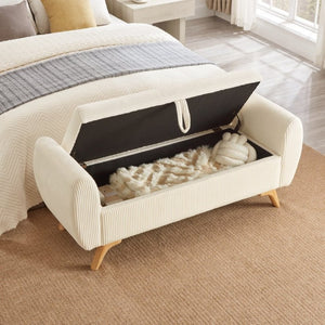 English Elm 57 Inch Corduroy Upholstered Storage Bench with Rubberwood Legs for Bedroom Entryway Beige W1097P510005