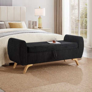 English Elm 57 Inch Corduroy Upholstered Storage Bench with Rubberwood Legs for Bedroom Entryway Black W1097P510006