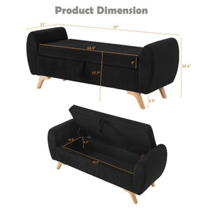 English Elm 57 Inch Corduroy Upholstered Storage Bench with Rubberwood Legs for Bedroom Entryway Black W1097P510006