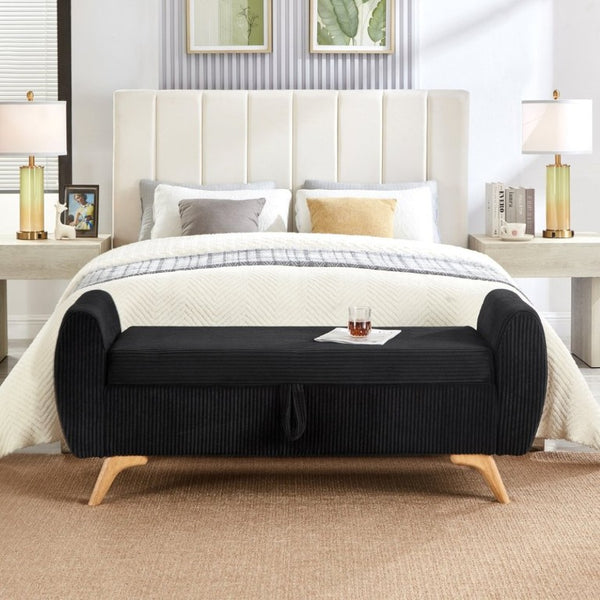 English Elm 57 Inch Corduroy Upholstered Storage Bench with Rubberwood Legs for Bedroom Entryway Black W1097P510006