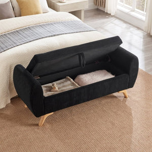 English Elm 57 Inch Corduroy Upholstered Storage Bench with Rubberwood Legs for Bedroom Entryway Black W1097P510006