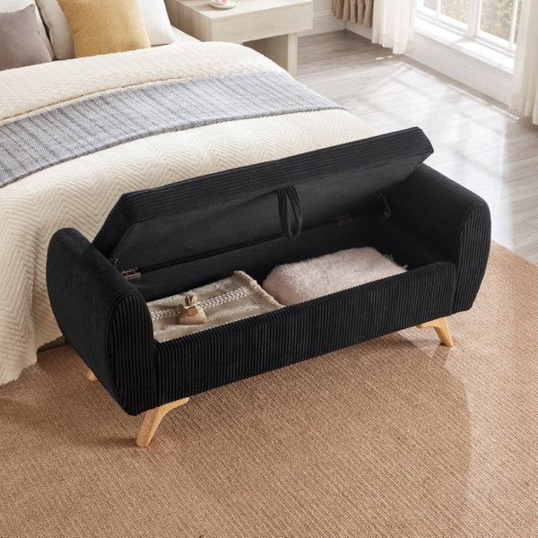 English Elm 57 Inch Corduroy Upholstered Storage Bench with Rubberwood Legs for Bedroom Entryway Black W1097P510006