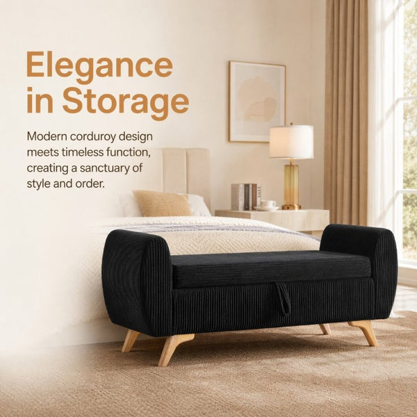 English Elm 57 Inch Corduroy Upholstered Storage Bench with Rubberwood Legs for Bedroom Entryway Black W1097P510006