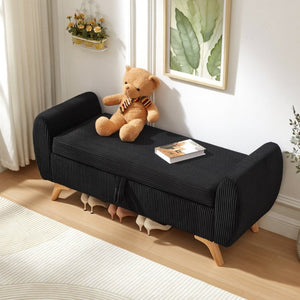 English Elm 57 Inch Corduroy Upholstered Storage Bench with Rubberwood Legs for Bedroom Entryway Black W1097P510006