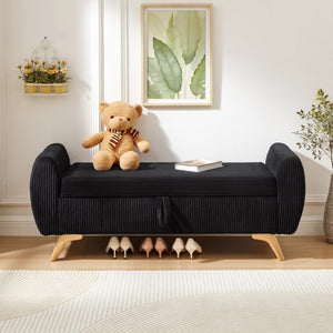 English Elm 57 Inch Corduroy Upholstered Storage Bench with Rubberwood Legs for Bedroom Entryway Black W1097P510006