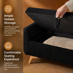 English Elm 57 Inch Corduroy Upholstered Storage Bench with Rubberwood Legs for Bedroom Entryway Black W1097P510006