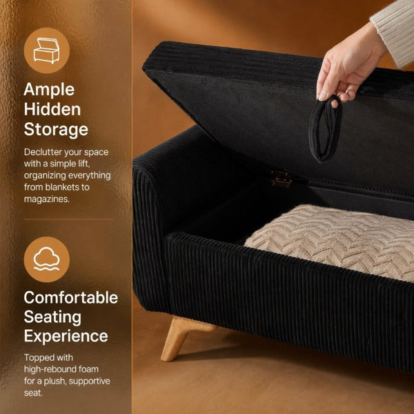 English Elm 57 Inch Corduroy Upholstered Storage Bench with Rubberwood Legs for Bedroom Entryway Black W1097P510006