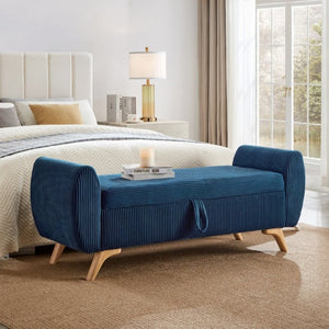 English Elm 57 Inch Corduroy Upholstered Storage Bench with Rubberwood Legs for Bedroom Entryway Blue W1097P510007