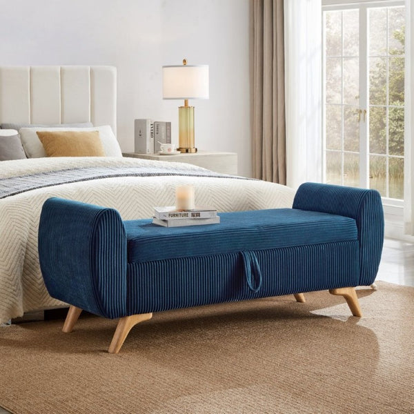 English Elm 57 Inch Corduroy Upholstered Storage Bench with Rubberwood Legs for Bedroom Entryway Blue W1097P510007