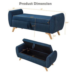 English Elm 57 Inch Corduroy Upholstered Storage Bench with Rubberwood Legs for Bedroom Entryway Blue W1097P510007