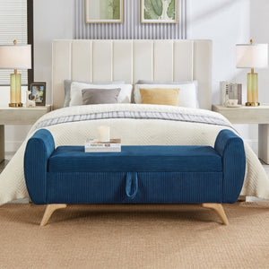 English Elm 57 Inch Corduroy Upholstered Storage Bench with Rubberwood Legs for Bedroom Entryway Blue W1097P510007