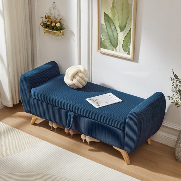 English Elm 57 Inch Corduroy Upholstered Storage Bench with Rubberwood Legs for Bedroom Entryway Blue W1097P510007