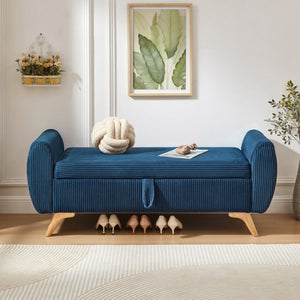 English Elm 57 Inch Corduroy Upholstered Storage Bench with Rubberwood Legs for Bedroom Entryway Blue W1097P510007