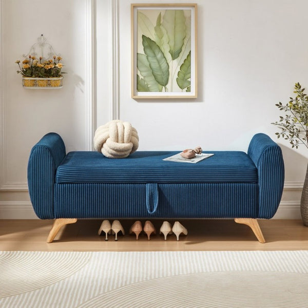 English Elm 57 Inch Corduroy Upholstered Storage Bench with Rubberwood Legs for Bedroom Entryway Blue W1097P510007