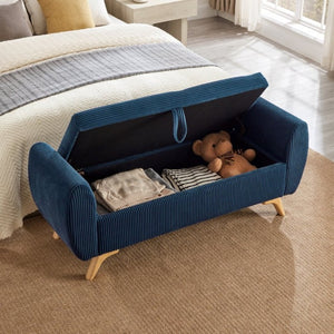 English Elm 57 Inch Corduroy Upholstered Storage Bench with Rubberwood Legs for Bedroom Entryway Blue W1097P510007