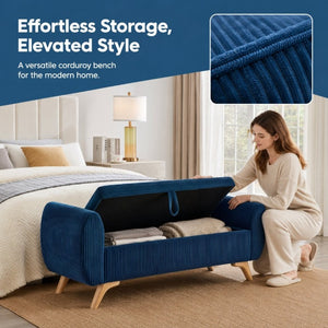 English Elm 57 Inch Corduroy Upholstered Storage Bench with Rubberwood Legs for Bedroom Entryway Blue W1097P510007