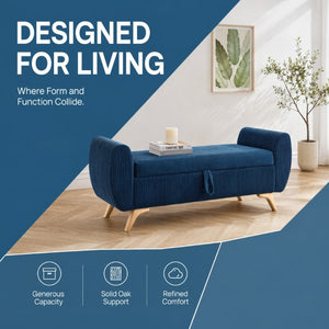 English Elm 57 Inch Corduroy Upholstered Storage Bench with Rubberwood Legs for Bedroom Entryway Blue W1097P510007