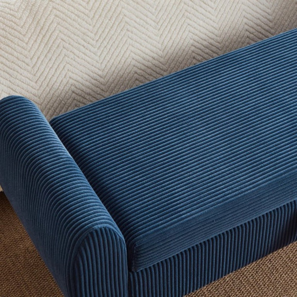 English Elm 57 Inch Corduroy Upholstered Storage Bench with Rubberwood Legs for Bedroom Entryway Blue W1097P510007
