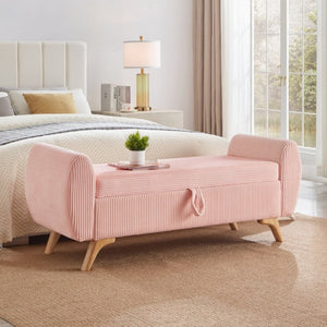 English Elm 57 Inch Corduroy Upholstered Storage Bench with Rubberwood Legs for Bedroom Entryway Pink W1097P510008