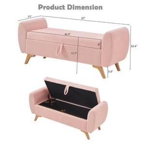 English Elm 57 Inch Corduroy Upholstered Storage Bench with Rubberwood Legs for Bedroom Entryway Pink W1097P510008