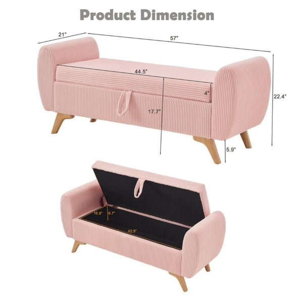 English Elm 57 Inch Corduroy Upholstered Storage Bench with Rubberwood Legs for Bedroom Entryway Pink W1097P510008