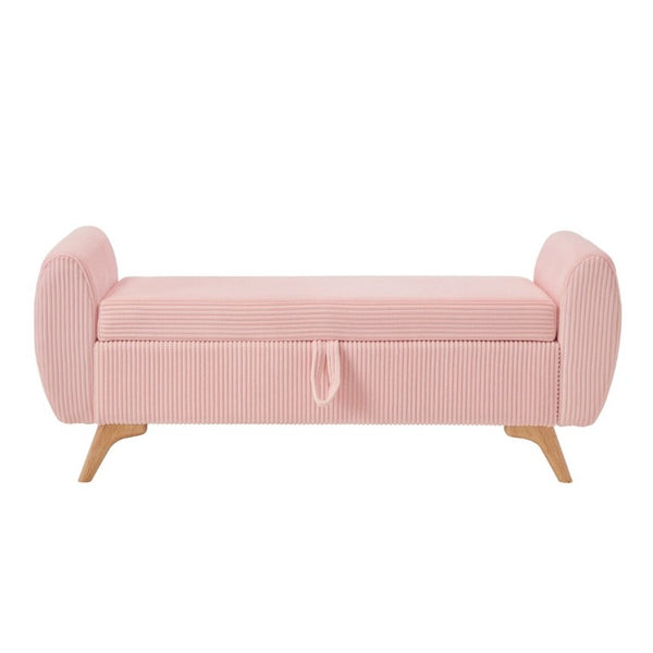 English Elm 57 Inch Corduroy Upholstered Storage Bench with Rubberwood Legs for Bedroom Entryway Pink W1097P510008