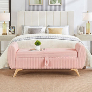 English Elm 57 Inch Corduroy Upholstered Storage Bench with Rubberwood Legs for Bedroom Entryway Pink W1097P510008
