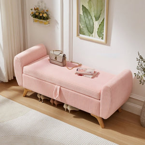 English Elm 57 Inch Corduroy Upholstered Storage Bench with Rubberwood Legs for Bedroom Entryway Pink W1097P510008