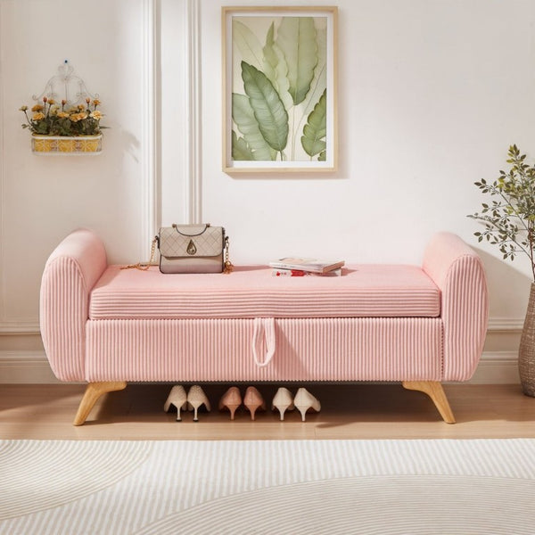 English Elm 57 Inch Corduroy Upholstered Storage Bench with Rubberwood Legs for Bedroom Entryway Pink W1097P510008