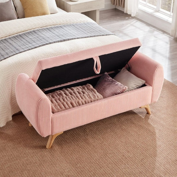 English Elm 57 Inch Corduroy Upholstered Storage Bench with Rubberwood Legs for Bedroom Entryway Pink W1097P510008