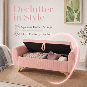 English Elm 57 Inch Corduroy Upholstered Storage Bench with Rubberwood Legs for Bedroom Entryway Pink W1097P510008
