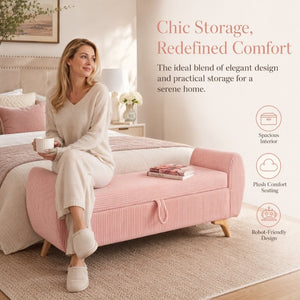 English Elm 57 Inch Corduroy Upholstered Storage Bench with Rubberwood Legs for Bedroom Entryway Pink W1097P510008