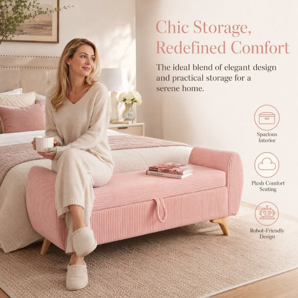 English Elm 57 Inch Corduroy Upholstered Storage Bench with Rubberwood Legs for Bedroom Entryway Pink W1097P510008