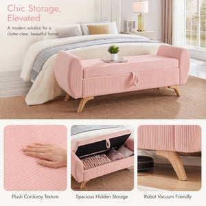 English Elm 57 Inch Corduroy Upholstered Storage Bench with Rubberwood Legs for Bedroom Entryway Pink W1097P510008