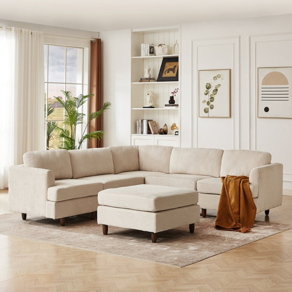 English Elm Modern Corduroy Modular Sectional Sofa Six Seat Sleeper with Free Combination Design Beige W1097S00166