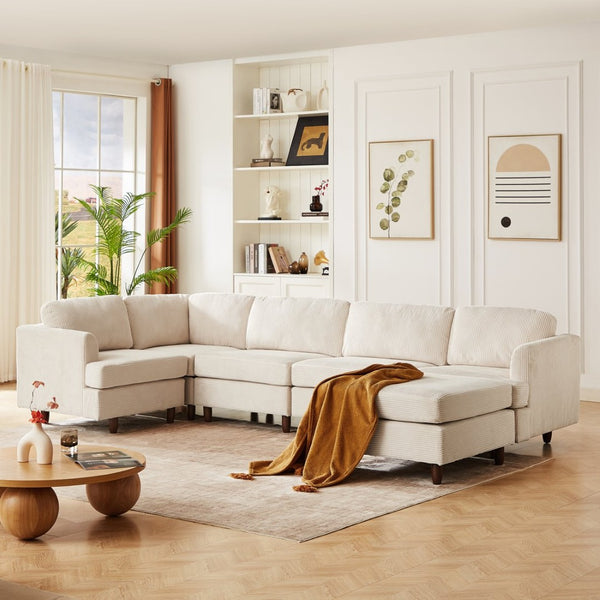 English Elm Modern Corduroy Modular Sectional Sofa Six Seat Sleeper with Free Combination Design Beige W1097S00166