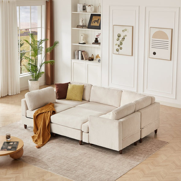English Elm Modern Corduroy Modular Sectional Sofa Six Seat Sleeper with Free Combination Design Beige W1097S00166