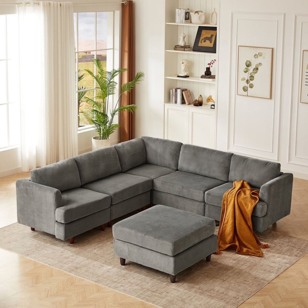 English Elm Modern Corduroy Modular Sectional Sofa Six Seat Sleeper with Free Combination Design Grey W1097S00167