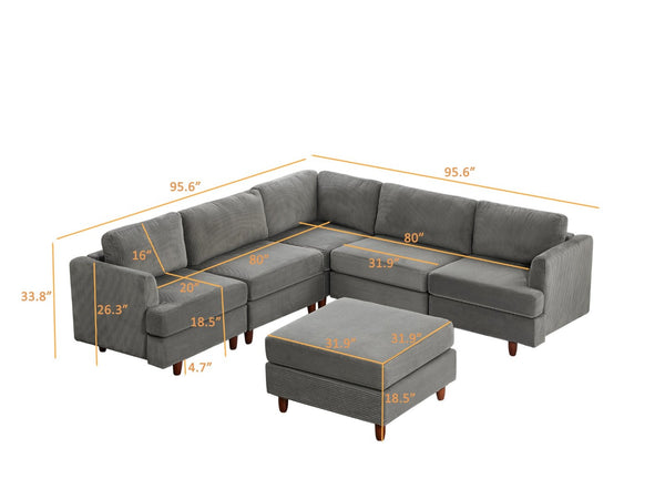 English Elm Modern Corduroy Modular Sectional Sofa Six Seat Sleeper with Free Combination Design Grey W1097S00167