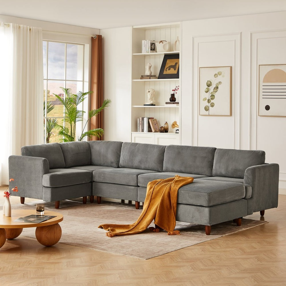 English Elm Modern Corduroy Modular Sectional Sofa Six Seat Sleeper with Free Combination Design Grey W1097S00167
