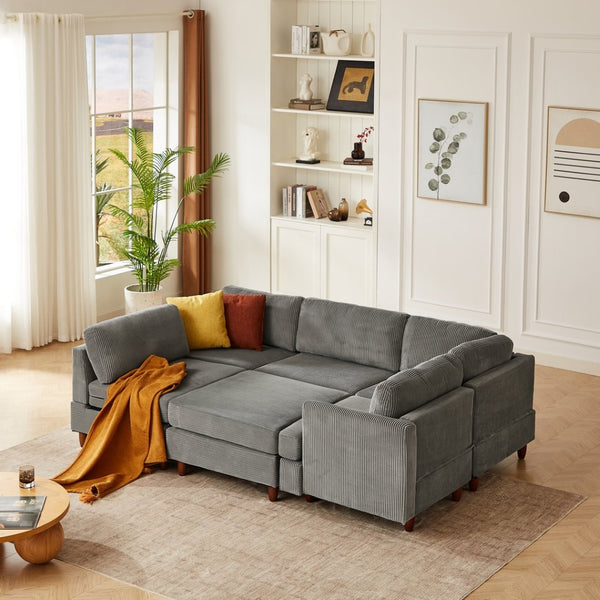English Elm Modern Corduroy Modular Sectional Sofa Six Seat Sleeper with Free Combination Design Grey W1097S00167